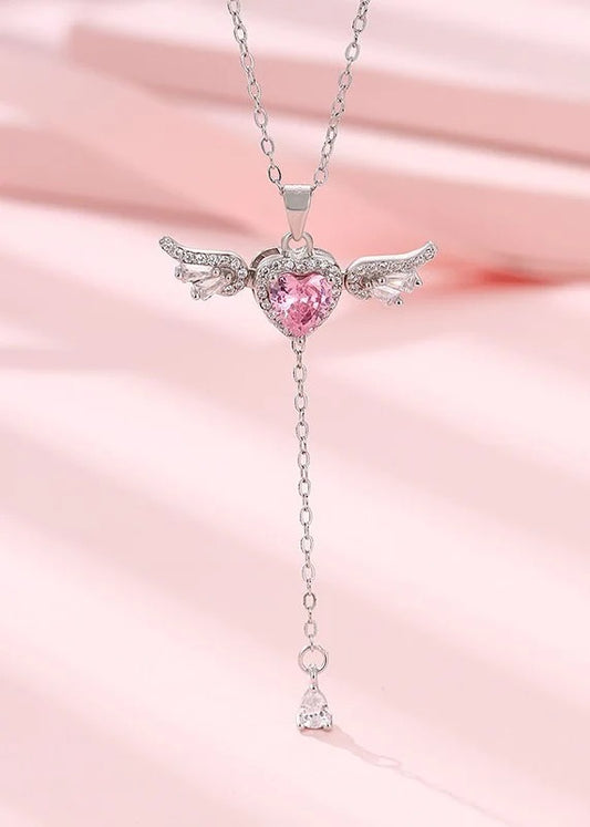 Pink Heart Angel Wing Necklace | Elegant Crystal Heart Pendant Necklace for Women