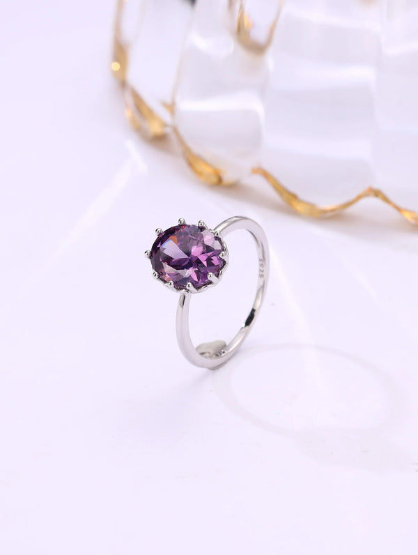 Purple Crystal Solitaire Ring | Elegant Adjustable Silver-Plated Ring for Women