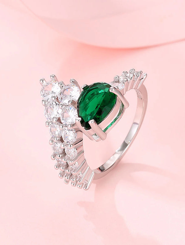 Green Crystal Floral Statement Ring | Elegant Adjustable Silver-Plated Ring for Women