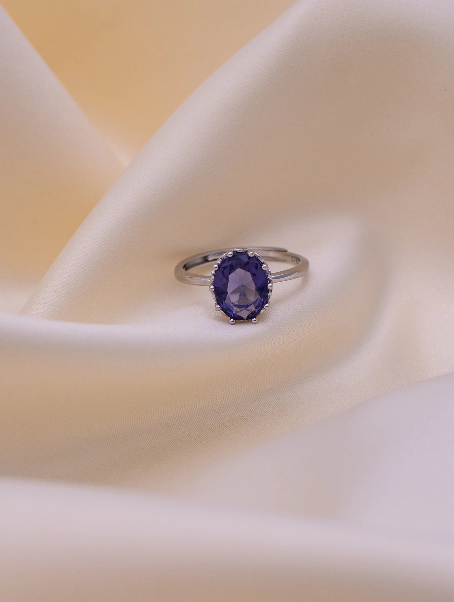 Purple Crystal Solitaire Ring | Elegant Adjustable Silver-Plated Ring for Women