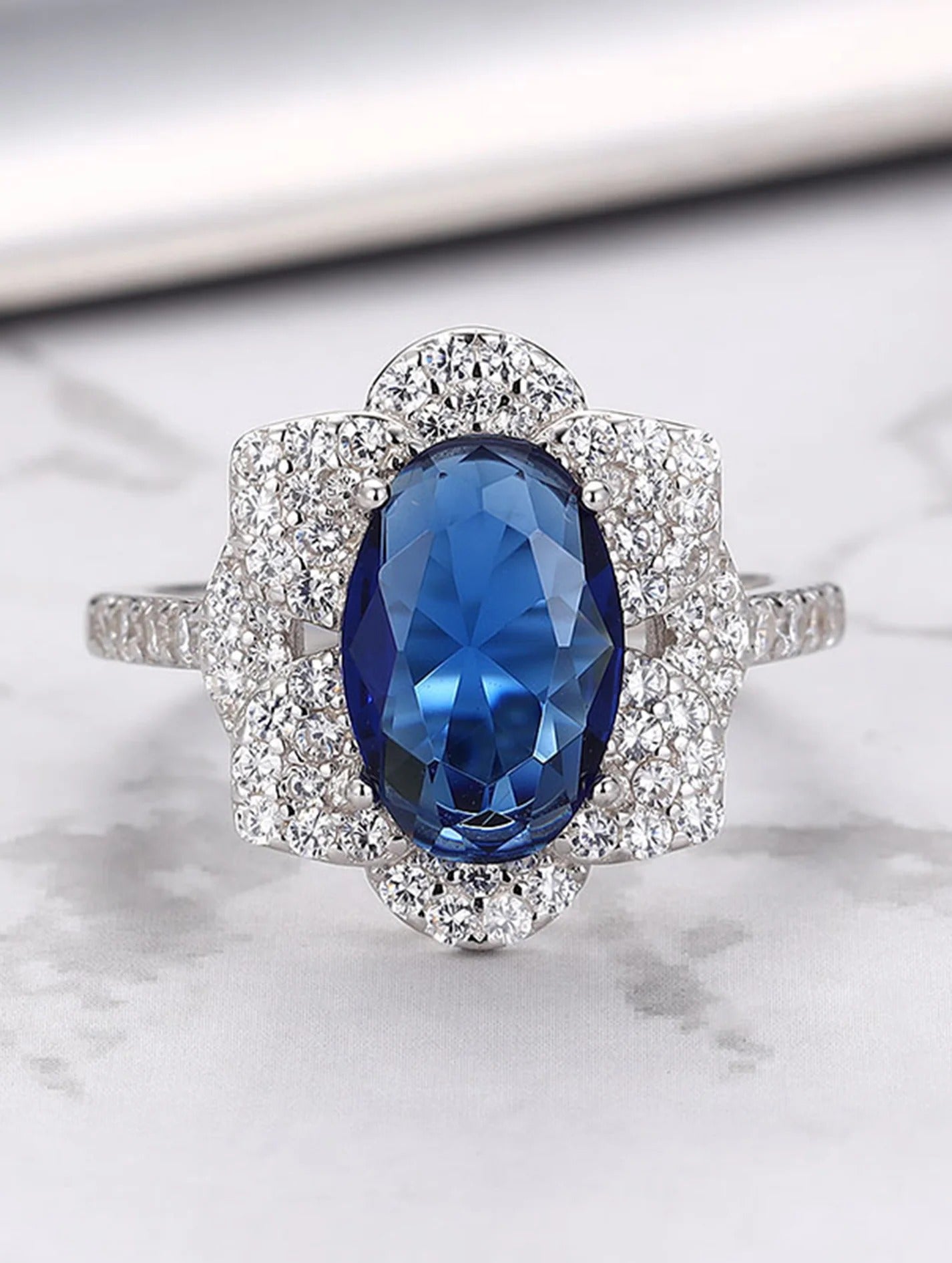 Blue Sapphire Floral Statement Ring | Elegant Silver-Plated Crystal Ring for Women