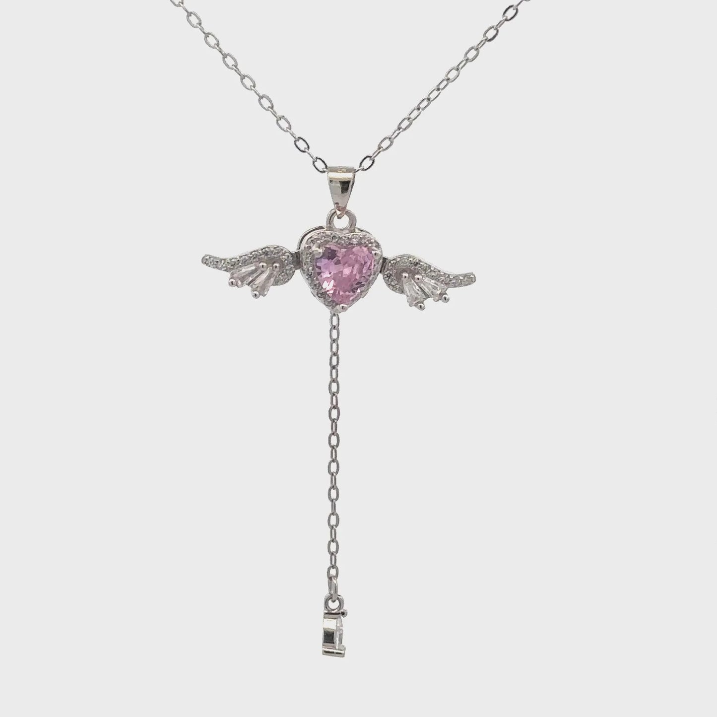 Pink Heart Angel Wing Necklace | Elegant Crystal Heart Pendant Necklace for Women