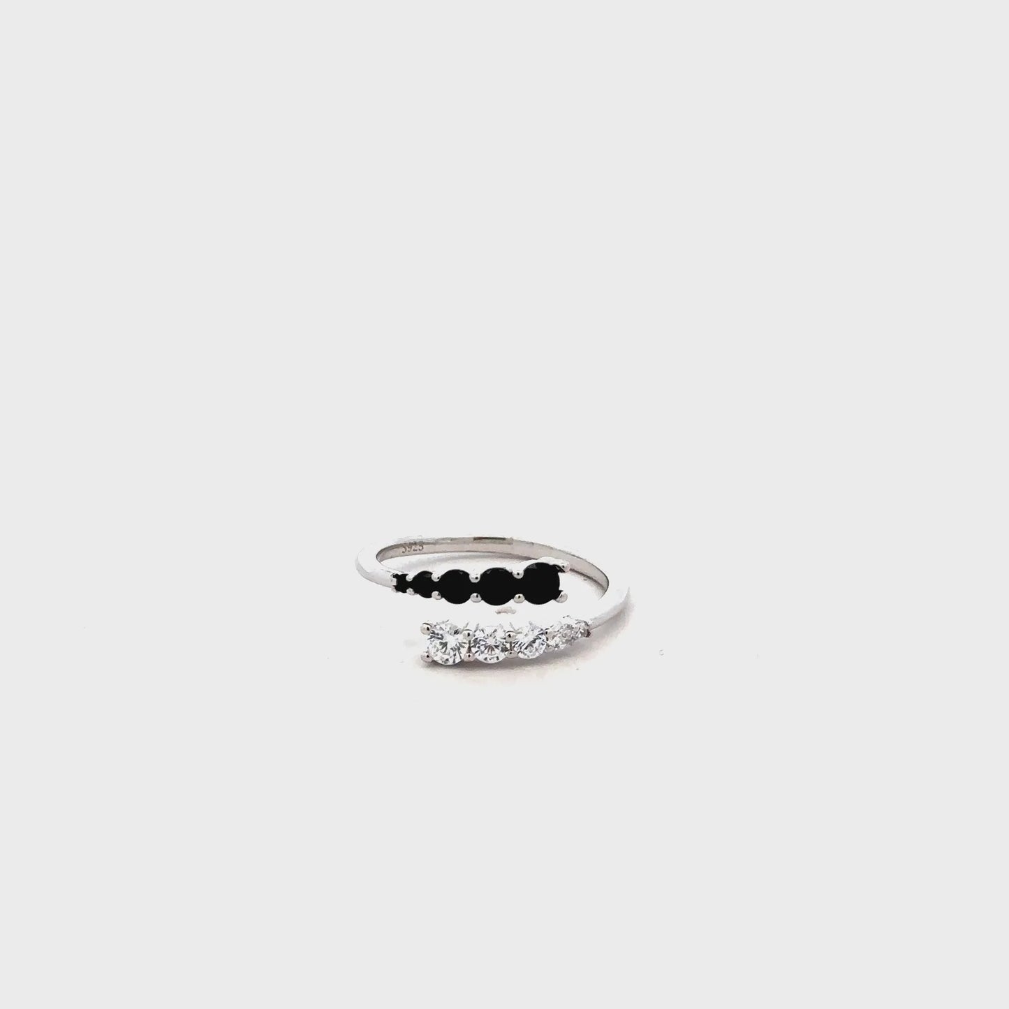 Black & White Crystal Open Ring | Elegant Adjustable Zircon Ring for Women